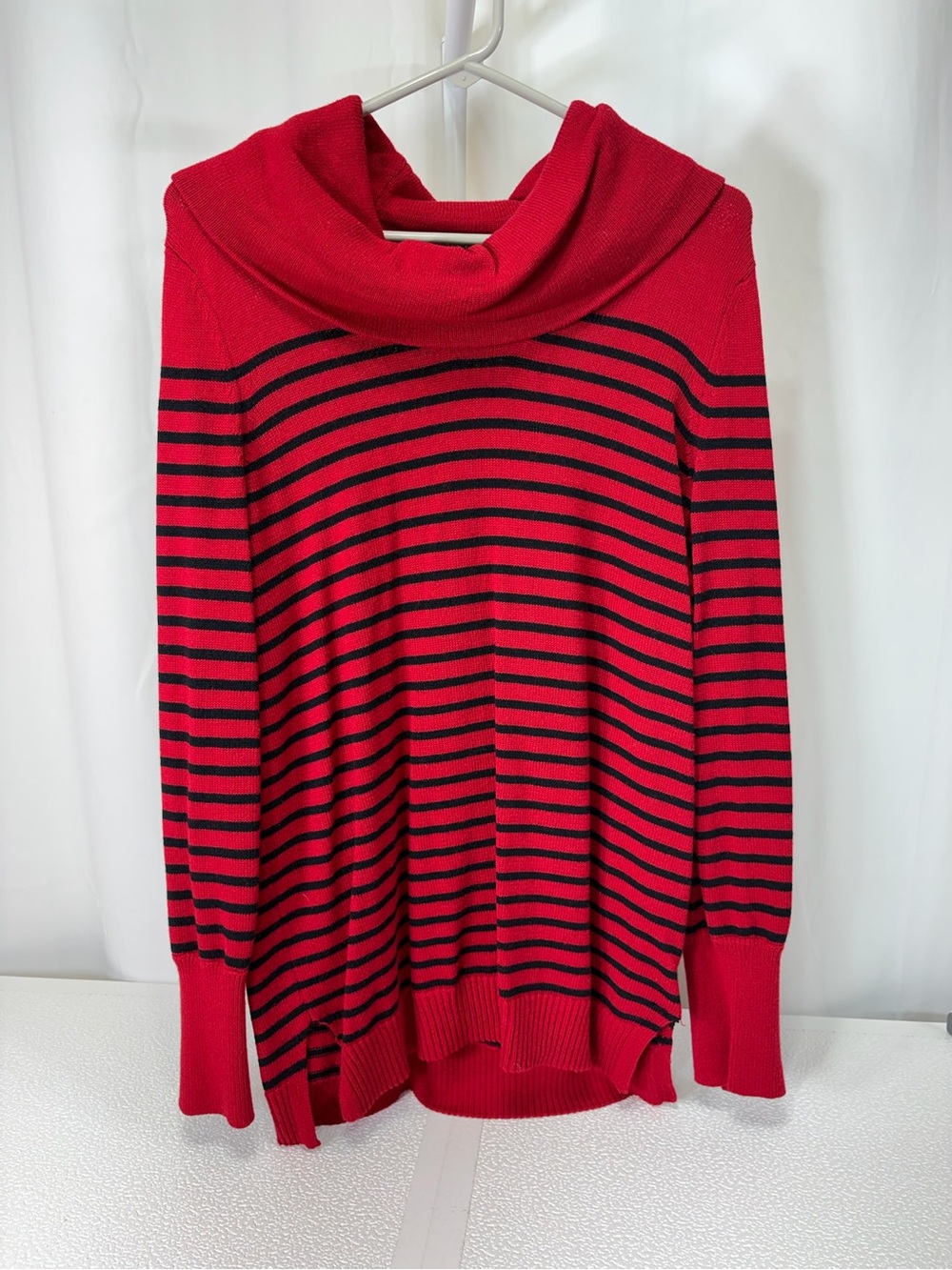 Lauren Ralph Lauren Red and Black Striped Cowl-Neck Sweater 4287